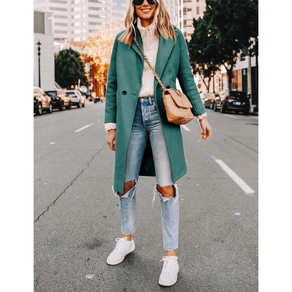 Women's Teal Winter Wool Coat Casual Notch Lapel Single-Breasted Peacoat - Picture 2 of 8